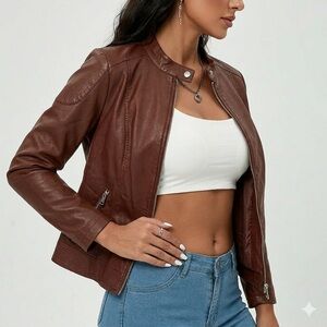 Brown Leather Jacket Moto Bomber Bikercore Calvin Klein Dress Coat Plus Size 1X